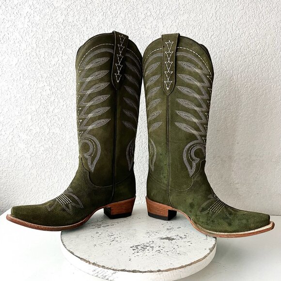Lane SQUASH BLOSSUM Cowboy Boots Green Suede Western Cowgirl Mid Calf Size 8 - Picture 8 of 13